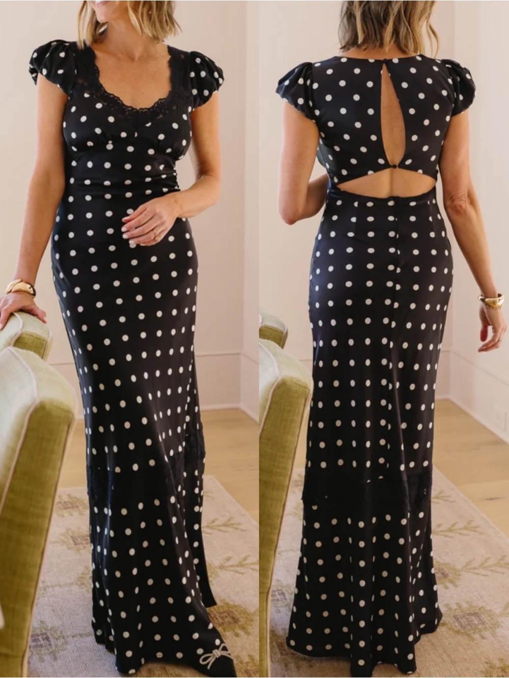 Vestique Mariselle Maxi Dress Polka Dot Lace Puff Sleeve Black White Satin